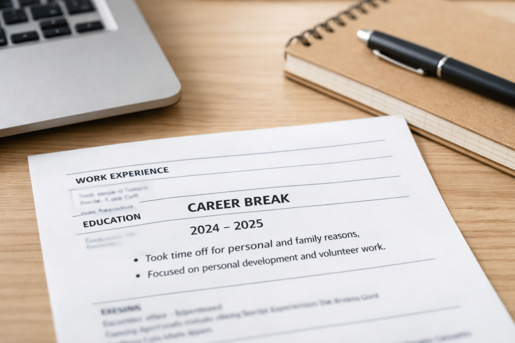 resume showing career break section for employment gap explanation